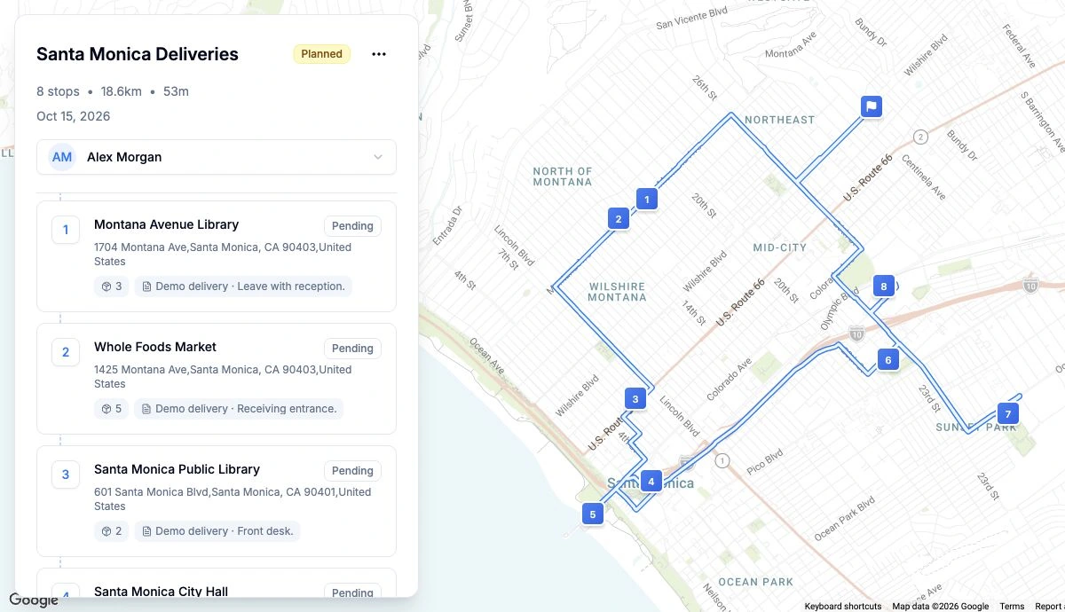 Loop Teams dashboard with delivery stops and an optimized route map